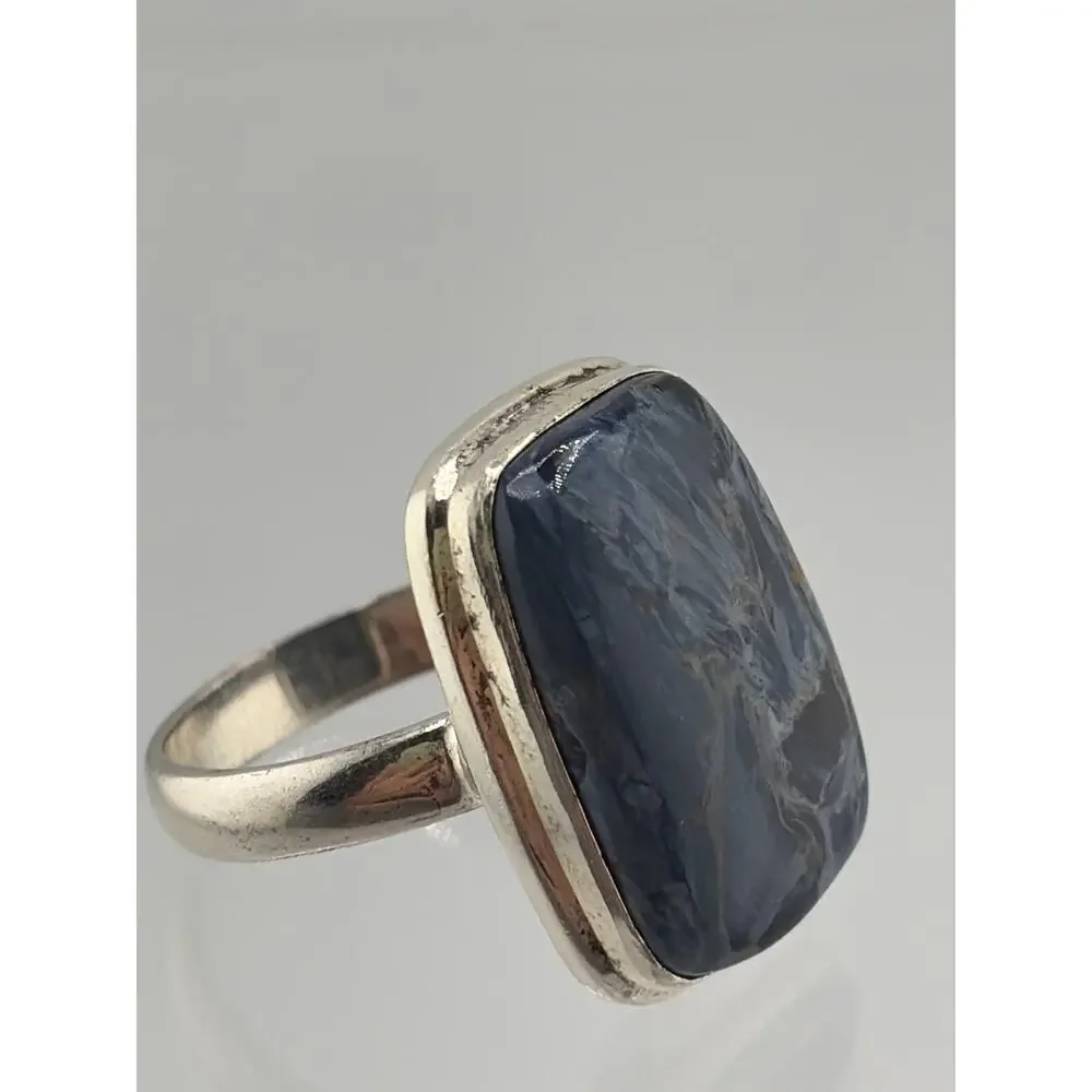 Rectangular Blue Pietersite Sterling Silver Ring Artisan Jewelry 8.5